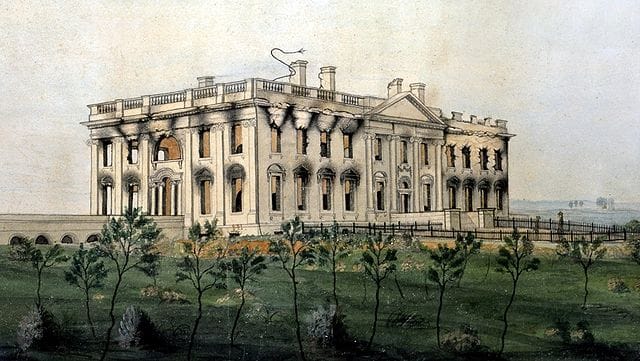 George Munger, "The President's House" (1814-15), watercolor on paper, showing the burned-out White House (via the White House Historical Association)