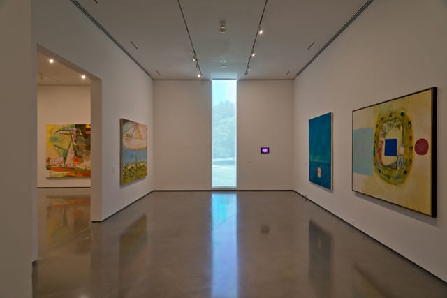 An installation view of the Amy Sillman show at Bard College, including (left to right): "Trawler" (2004), collection of Arthur Zeckendorf; "PS" (2013), courtesy of the artist and Sikkema Jenkins & Co.; "Unearth" (2003), collection of Barbara Lee, Cambridge, Massachusetts; "Ocean 1" (1997), collection McKee Gallery, New York; and "Good Grief" (1998), collection of Dr. and Mrs. Lawrence Kessler.