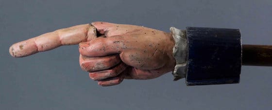 William Baker’s Deacon’s Staff (hand with wagging finger), unknown craftsman, 1750s, wood and pigment, 76 1⁄2 inches long