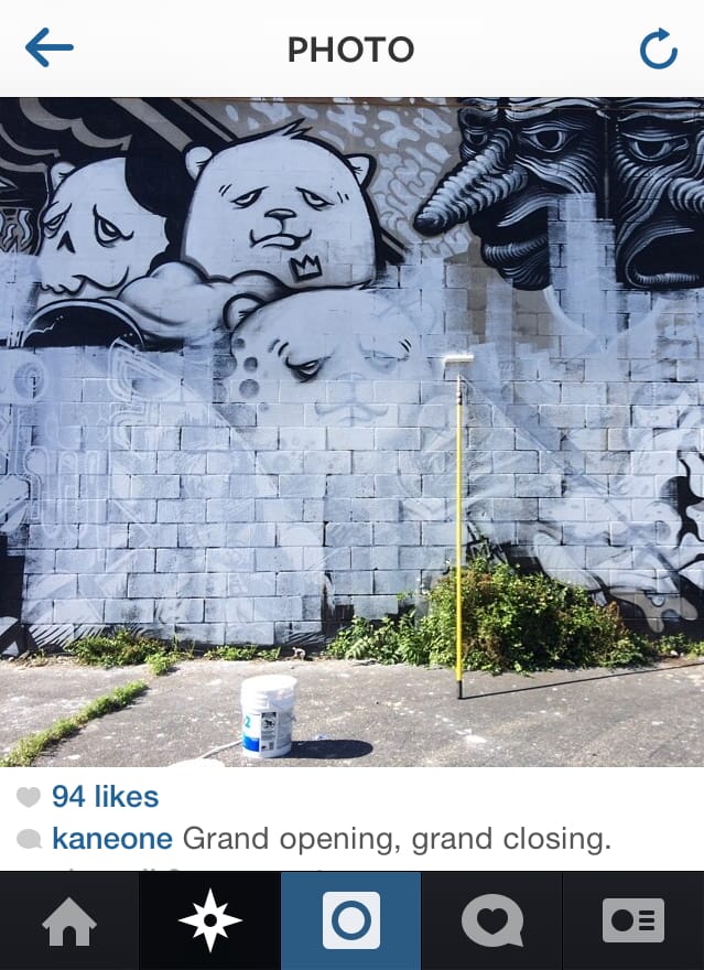 Kaneone's Instagram post of the half whitewashed mural (courtesy Jason Botkin)