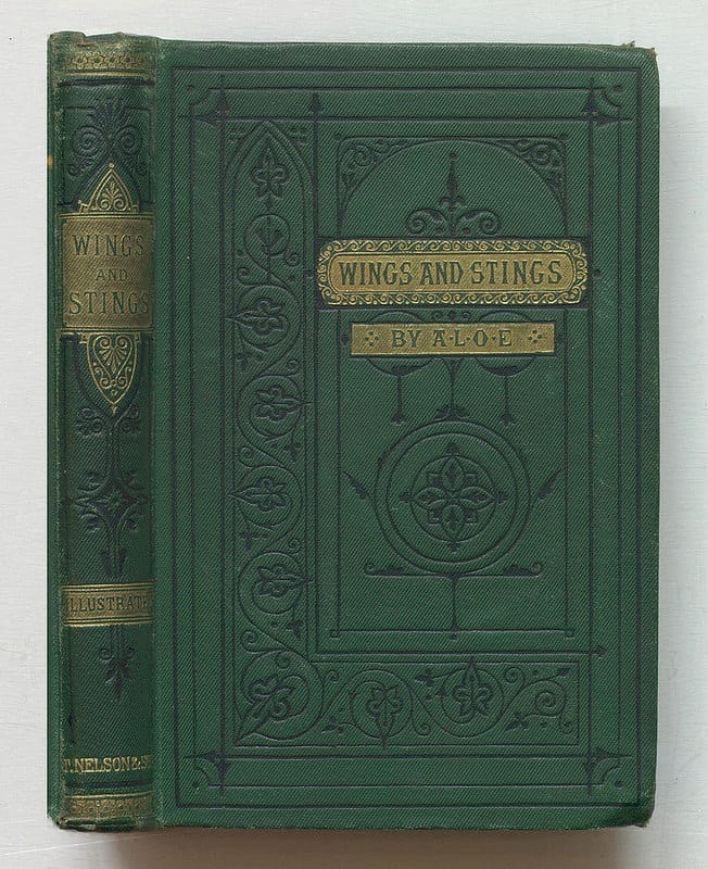 A.L.O.E., "Wings and Stings" (1879), bound in green diagonal publisher's cloth block in gold and black (via Thomas Fisher Rare Book Library)