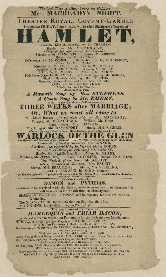 "The Last Time of acting before the Holdays, Mr. Macready's Night," a poster for Hamlet at Covent-Garden in London (1821) (via Folger Shakespeare Library Digital Image Collection)