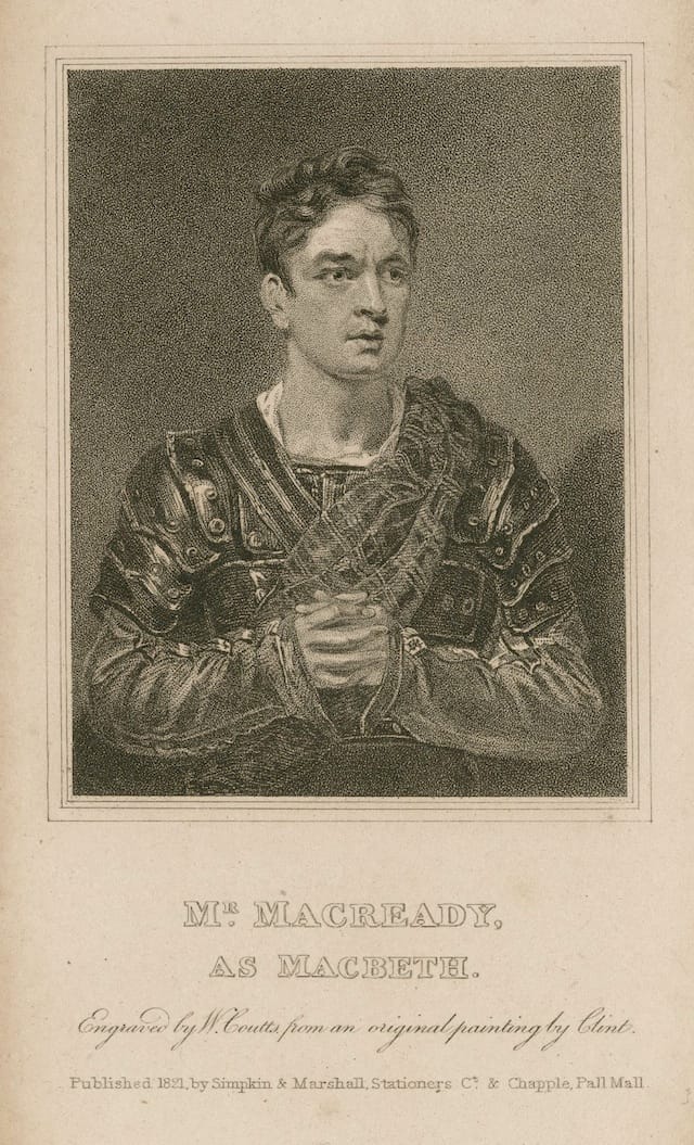 William Charles Macready as Macbeth, print W. Coutts (1821) (via Folger Shakespeare Library Digital Image Collection)