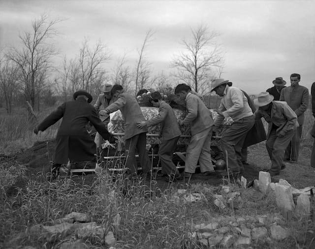 Caption: Funeral of Agnes (Mrs. Abel) Big Bow (Kiowa). Hog Creek, Oklahoma, 1947. 45UFN9 Tom Jones 7 1/2 hour