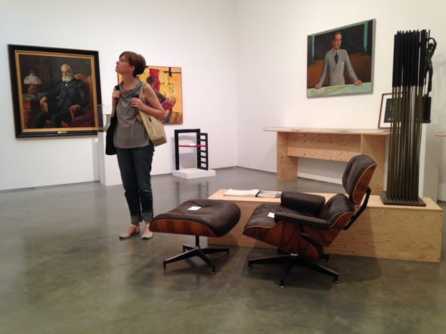 Installation view, 'Another Look at Detroit' at Marianne Boesky Gallery, with Charles and Ray Eames's 670/671 Lounge chair and ottoman (c. 1970s) in foreground