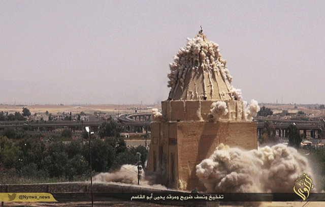 Reputedly the destruction of the 13th century tomb Sheikh Qadeeb al-Ban al-Mosuli, the Shi'ia ruler of Mosul.