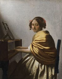 Johannes Vermeer, "Young Woman Seated at a Virginal" (c. 1670-72), oil on canvas, 9 7/8 x 7 7/8 in. (25.1 x 20 cm), ©The Leiden Collection, New York