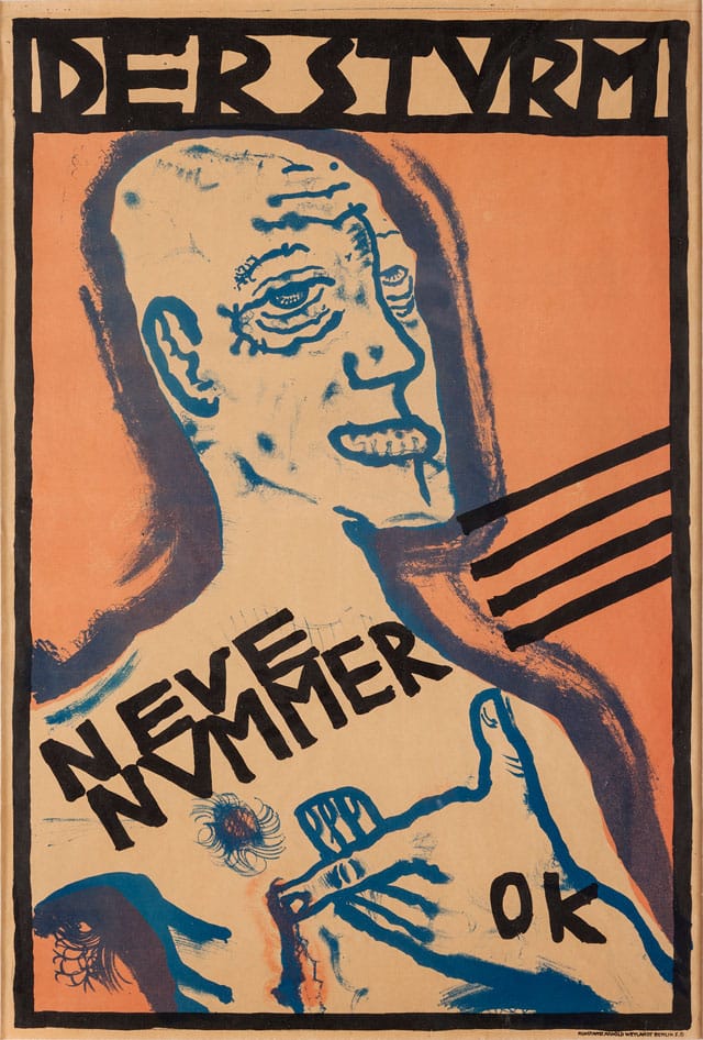 Oskar Kokoschka, "Poster with Self-Portrait for 'Der Sturm' magazine" (1910), colored lithograph, 26 3/8 x 17 5/8 in (67 x 44.7 cm) (© Neue Galerie New York, gift of Leonard A. Lauder) (© 2014 Fondation Oskar Kokoschka/Artists Rights Society [ARS], New York/ ProLitteris, Zürich (click to enlarge)