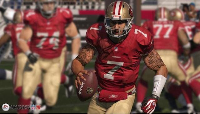 Screenshot of Madden NFL 15, showing Colin Kaepernick's tattoos (courtesy EA Sports)