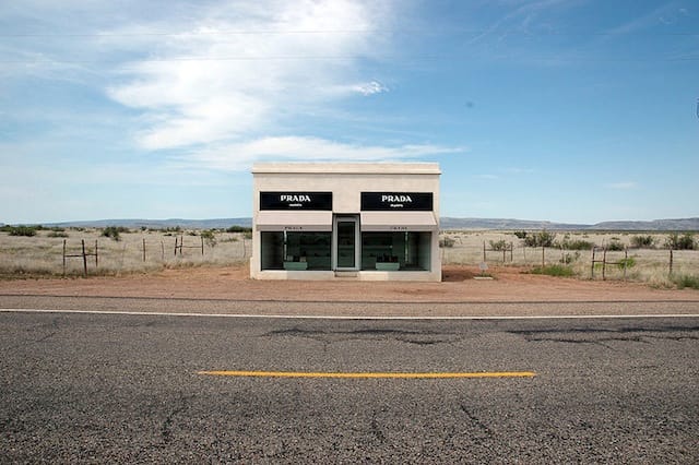 "Prada Marfa" by Elmgreen and Dragset (photograph by Marshall Astor, via Wikimedia Commons)