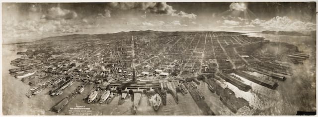 Panorama of the ruins of San Francisco, California after the earthquake in 1906. Photograph was taken by the George R. Lawrence Captive Airship.