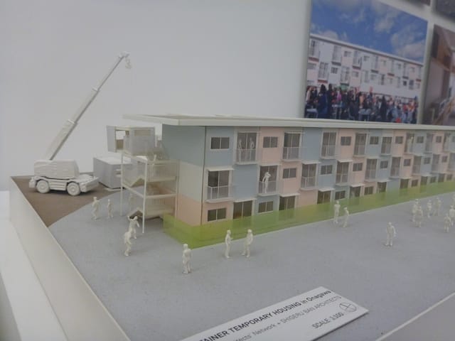 A scale model of Ban's designs for shipping containers serving as temporary housing.