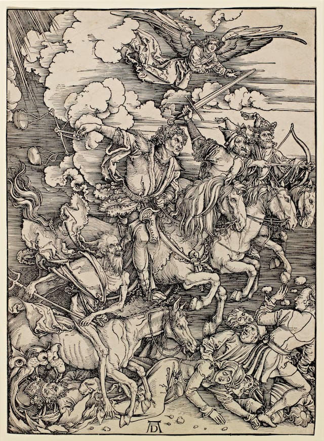 Albrecht Dürer (Germany, 1471–1528), Four Horsemen of the Apocalypse, 1498. Woodcut. Lent by Kirk Edward Long.