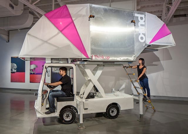 The "Aero-Mobile" pop-up structure on a scissor lift designed by the Office of Mobile Design (photograph by Tom Kessler, courtesy KANEKO)