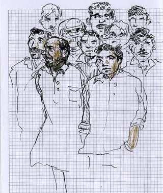 A sketch of a crowd of migrant workers in Abu Dhabi by Molly Crabapple (sketch courtesy the artist)