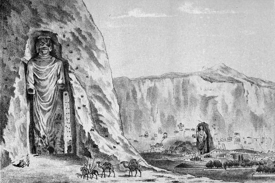 Buddhas of Bamiyan in an 1885 illustration (via Wikimedia)
