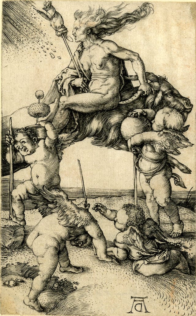 A witch riding backwards on a goat, with four putti, two carrying an alchemist's pot, a thorn apple plant, C.1500, Albrecht Dürer (1471-1528),. Engraving. © The Trustees of the British Museum