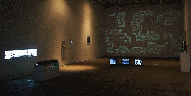 Installation view, 'Coded After Lovelace' at Whitebox Art Center (GIF by Faith Holland)