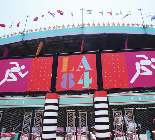 Some of the graphic installations by the Memphis Group of designers that decorated Los Angeles (© 1977 Comité International Olympique)