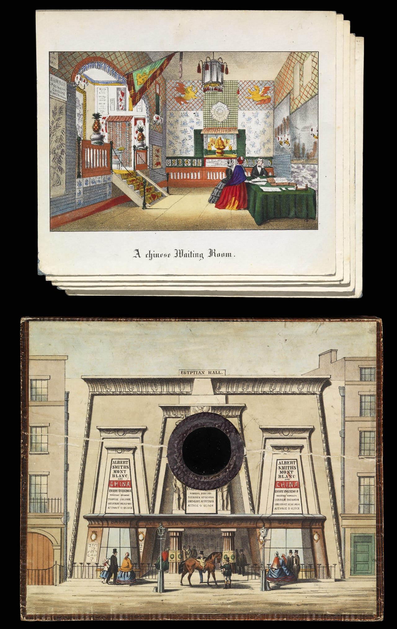Albert Smith's miniature theater with lithographic views of Egypt and China (1859) (via Getty Research Institute)