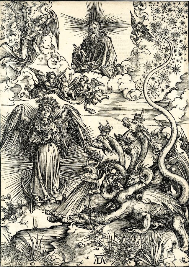 The woman of the Apocalypse and the seven-headed dragon (1498) (via British Museum)