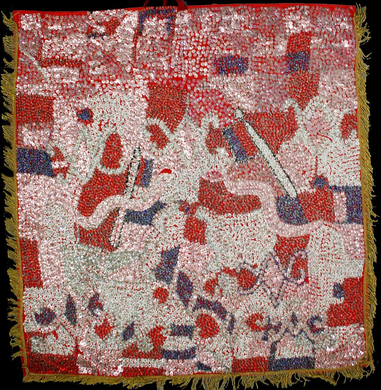 Danbala Wèdo, Ogou and other Spirits, mid 20th century, cotton, sequins, beads, pearls, thread, and fringe, 33 x 32 1/2 x 1/4 inches, private collection.