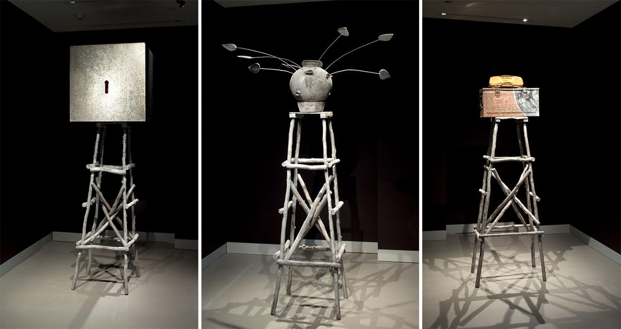 New aluminum sculptures by Francesco Clemente (left to right), "Earth," "Sun," "Moon" (all 2014), Courtesy of the artist and Mary Boone Gallery, New York