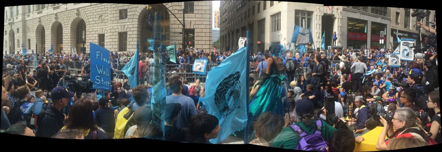 Panorama of the corner of Morris and Broadway (photo by Hrag Vartanian/Hyperallergic) (click to enlarge)