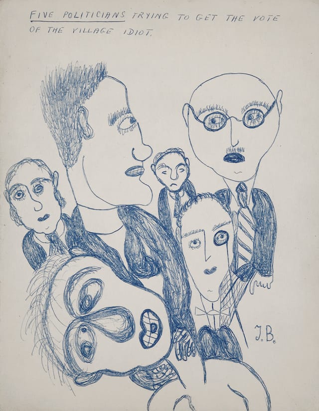 Jack Bilbo, "Five Politicians Trying to Get the Vote of the Village Idiot" (date unknown), blue ink on paper, 14 x 11 inches (courtesy of the Jack Bilbo Estate and England & Co.)