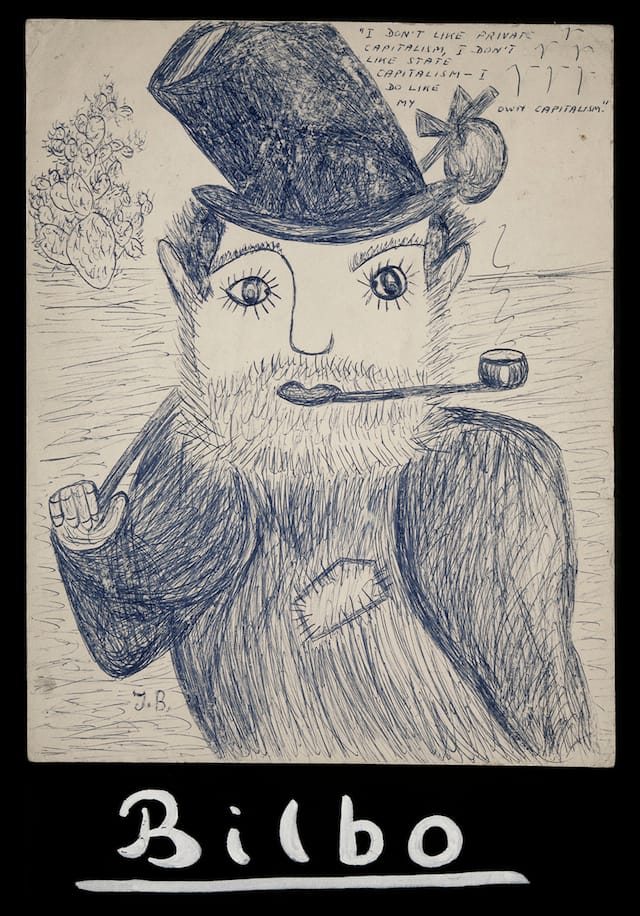 Jack Bilbo, "I Don’t Like Private Capitalism…" (circa 1948), ink and gouache on paper, 16 3/4 x 11 1/2 inches (courtesy of the Jack Bilbo Estate and England & Co.)