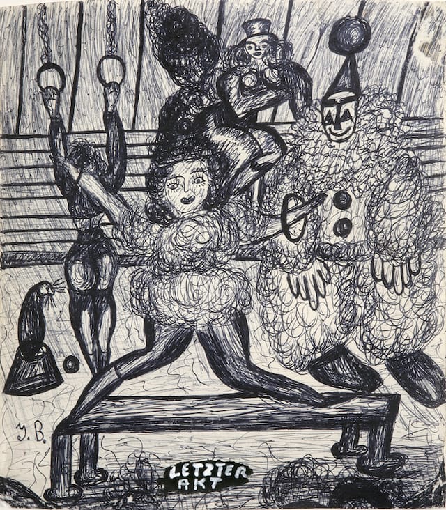 Jack Bilbo, "Letzter Akt (Last Act)" (circa 1946), ink on paper, 11 1/2 x 10 2/5 inches, courtesy of the Jack Bilbo Estate and England & Co.