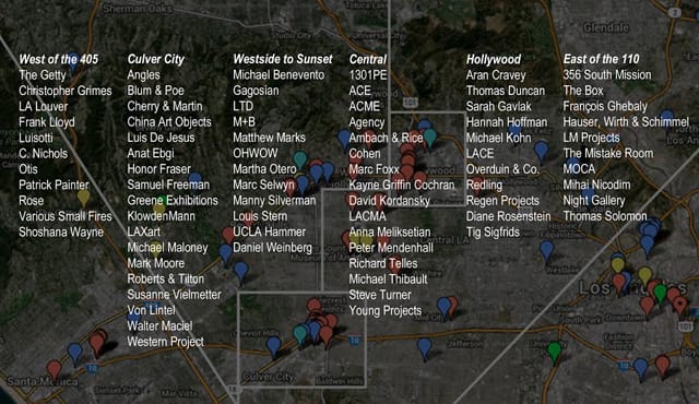Artist Zach Alan sent Hyperallergic this useful guide to some major LA galleries he things our readers should have on their radar. Organized by neighborhood, we agree that these are some great picks. (courtesy Zach Alan for Hyperallergic) (click to enlarge)
