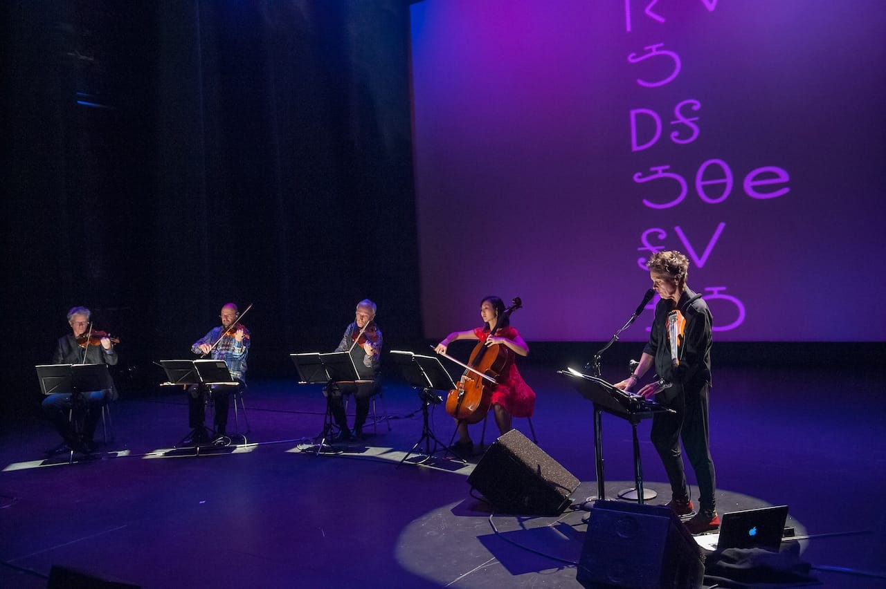 Brooklyn Academy of Music presents Landfall, a new piece by Laurie Anderson for Kronos Quartet at the BAM Harvey Theater on September 23, 2014.  Kronos Quartet (L To R) David Harrington, violin John Sherba, violin Hank Dutt, viola Sunny Yang, cello Photo Credit:  Stephanie Berger
