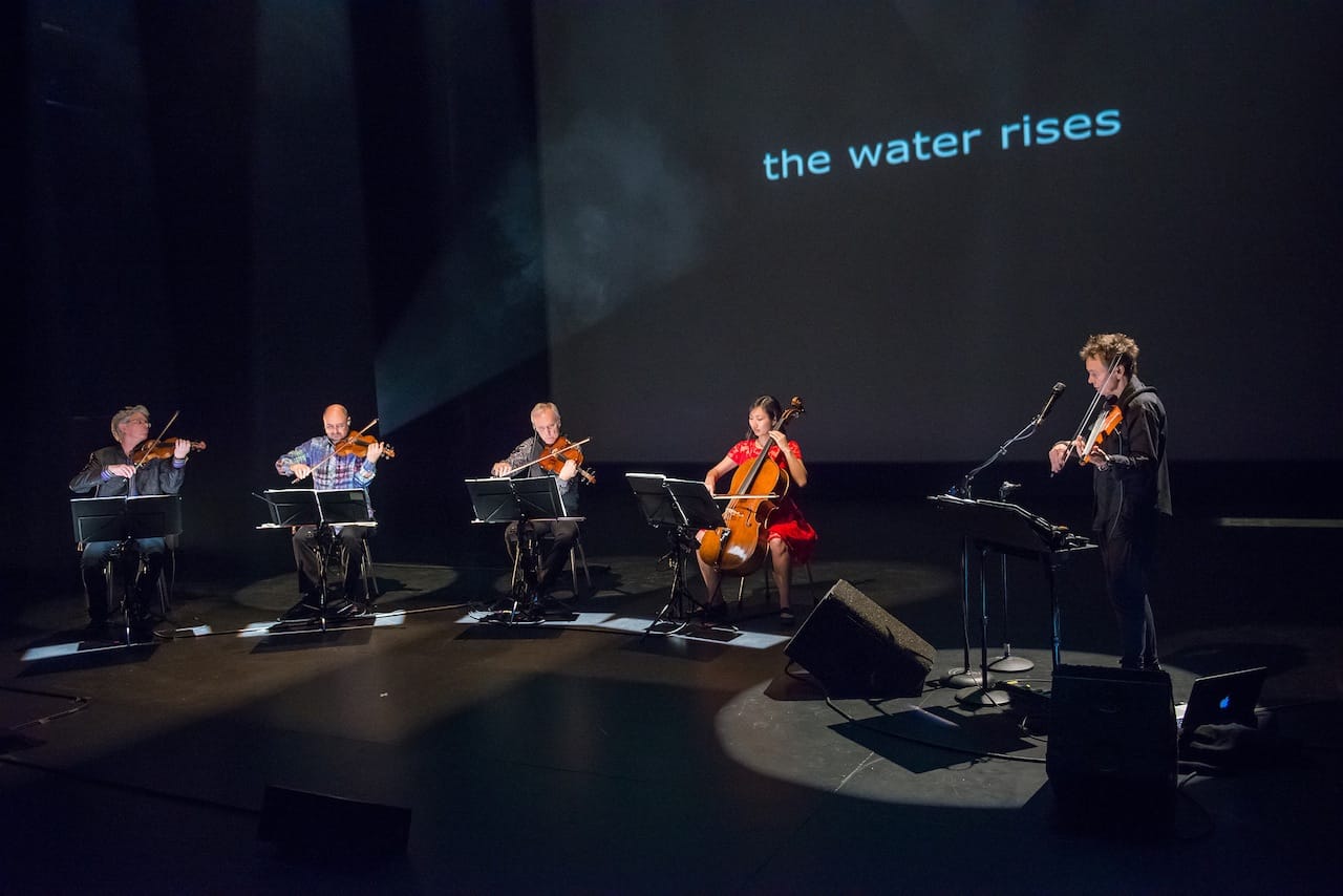 Brooklyn Academy of Music presents Landfall, a new piece by Laurie Anderson for Kronos Quartet at the BAM Harvey Theater on September 23, 2014.  Kronos Quartet (L To R) David Harrington, violin John Sherba, violin Hank Dutt, viola Sunny Yang, cello Photo Credit:  Stephanie Berger