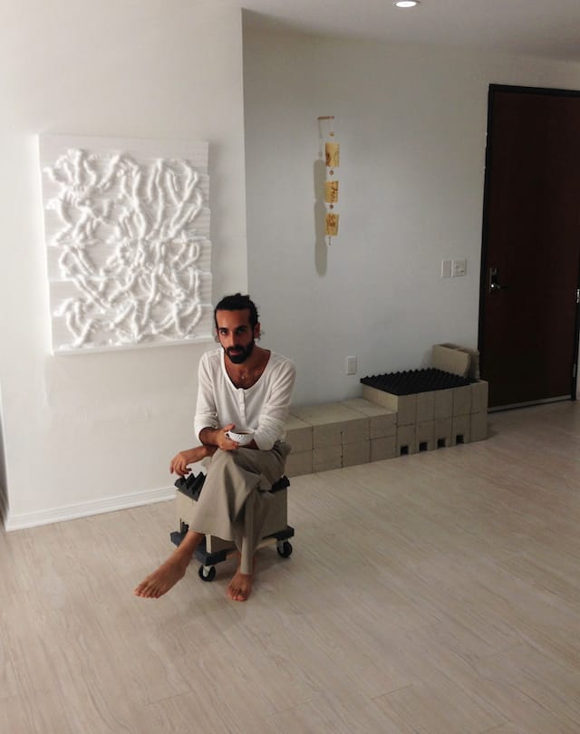 Jan Ezra Nayssan at Del Vaz Projects, in front of work by Benjamin Phelan and Spencer Longo (All photos by the author)