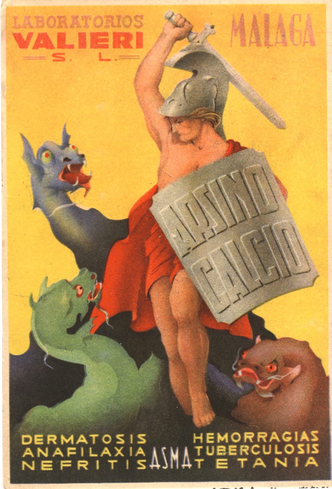 An Amazon shown battling disease personified as dragons in an advertisement for a cure-all tonic, ca. 1910, Valieri Laboratories, Malaga, Spain (via National Library of Medicine)