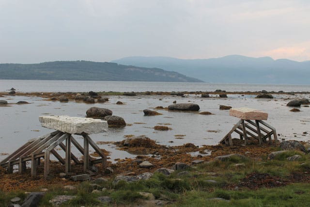Per Barclay, "Untitled" (1993), marble, aluminum, boathouse, stone block, 120 x 300 x 40 cm