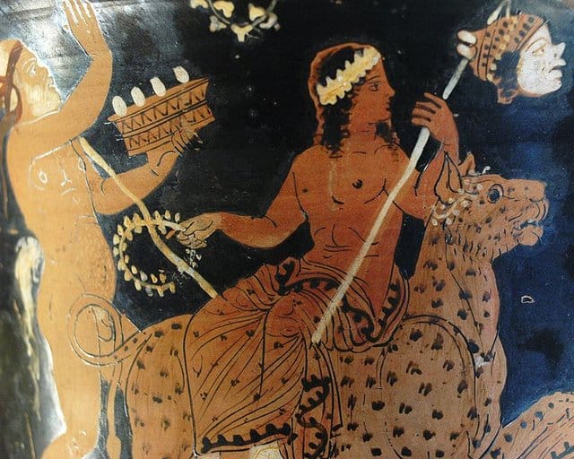 "Dionysos on a panther's back" detail of a red figure bell shaped crater (ca. 370 BC, found in Paestum) collection of Musée du Louvre , (photograph by Marie-Lan Nguyen, releasd in public domain, couresty of Wikipedia Commons )