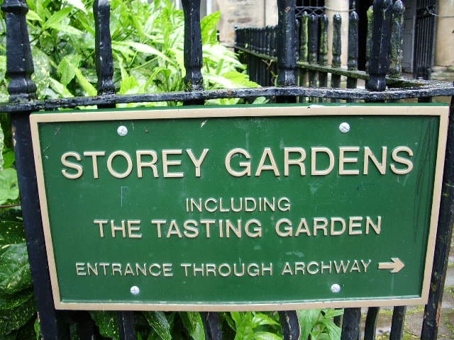 Sign for Storey Gardens, including "The Tasting Garden" by Mark Dion (photograph by Alexander P Kapp, via Wikimedia)