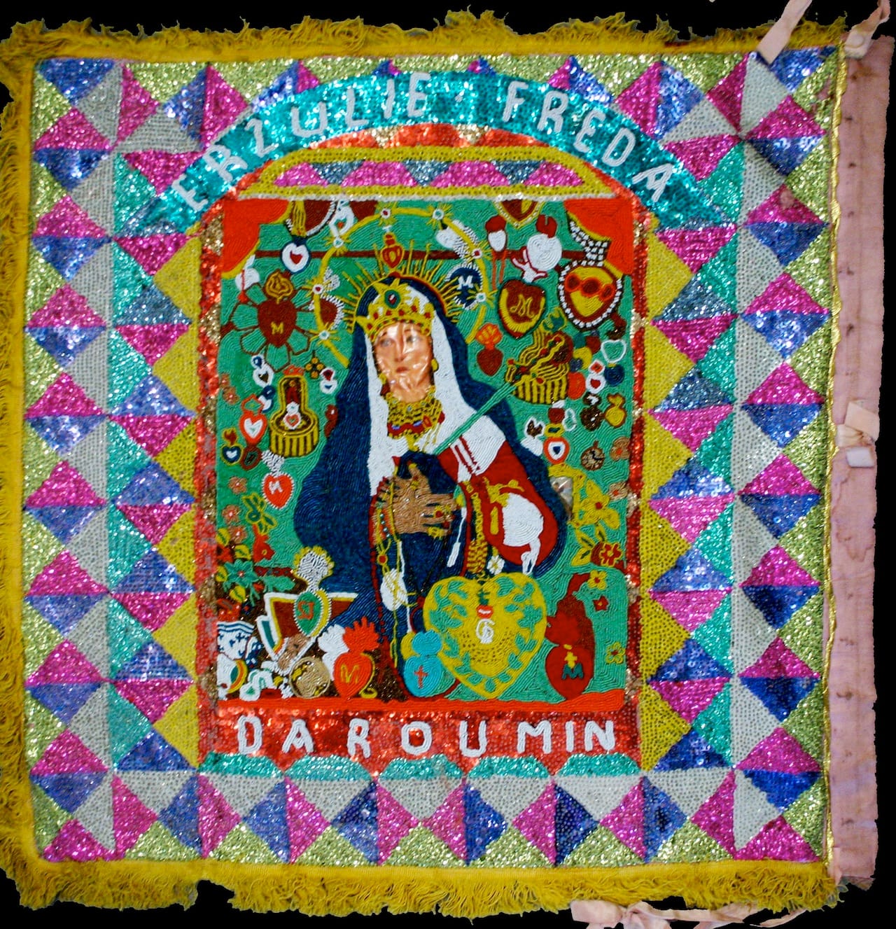 Erzulie Freda Daroumin (Rada) Mid 20th century Plastic, satin, silk, sequins, beads, burlap, thread, fringe, and ribbon 34 x 33 1/2 x 1/2 Courtesy Thomas Schultz Collection