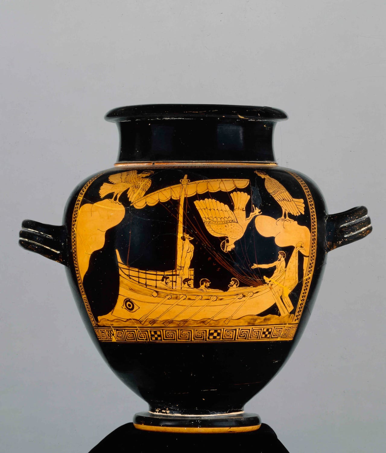 The Siren Vase, Pottery: red-figured stamnos. The ship of Odysseus passing the Sirens. C. 480BC-470BC Attributed to The Siren Painter. Greece © The Trustees of the British Museum