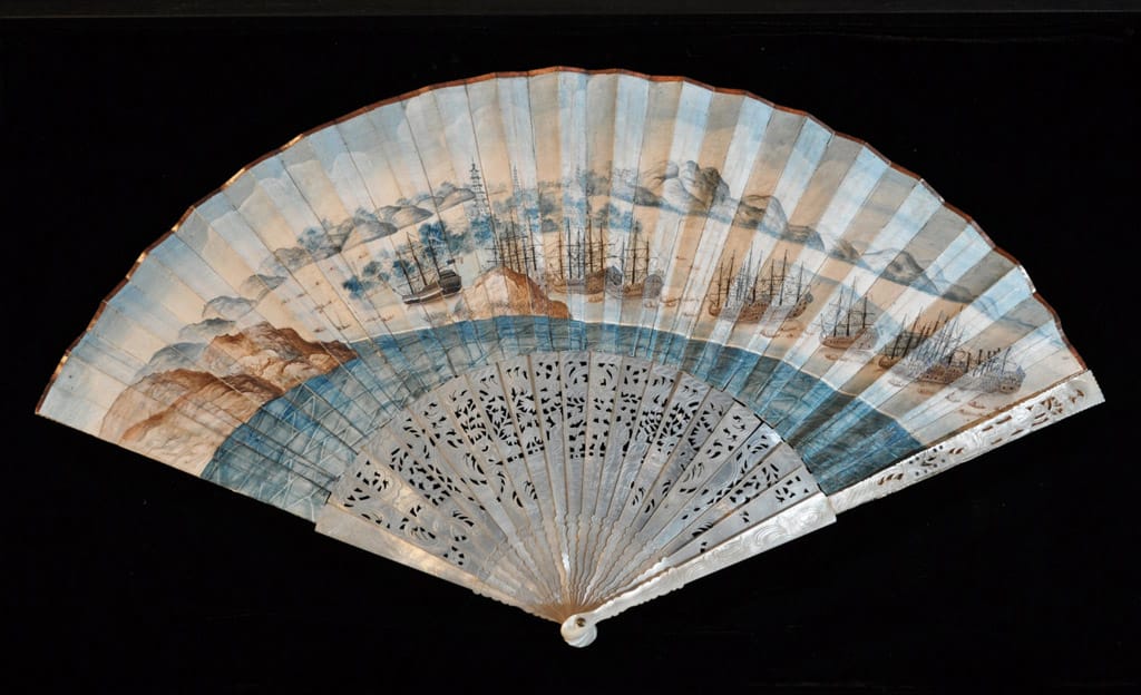 Empress of China fan (ca. 1784) depicts the Empress of China — the first American merchant vessel to trade with China. The ship departed from New York harbor in 1784 and returned the following year, laden with porcelains, silks, and teas. (image courtesy the Philadelphia History Museum at the Atwater Kent, The Historical Society of Pennsylvania Collection)