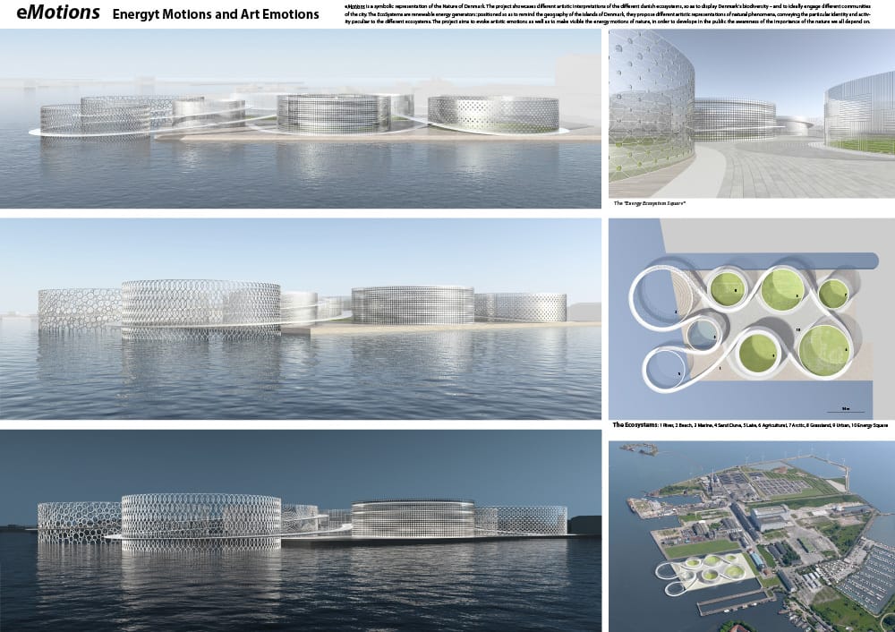  "eMotions: Energy Motions and Art Emotions" won third prize. It was developed by Antonio Maccà and Flavio Masi of Padova, Italy. Each cylinder is a hybrid renewable energy generator that integrates photovoltaic panels, wind turbines and other wind energy systems. Their designs are artistic interpretations of the varying natural habitats in Denmark —&nbsp;its rivers, beaches, marine ecosystem, sand dunes, lakes, farmland, arctic snow, grasslands, forests and cities. (Image courtesy of LAGI)