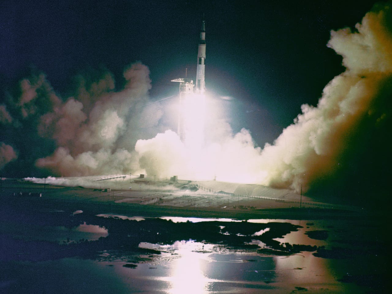 Night launch of Apollo 17 Saturn V Moon Rocket, Kennedy Space Center, Florida (December 7, 1972) (via NASA)