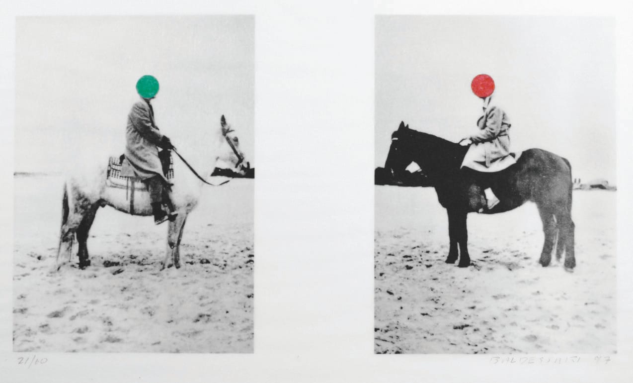 John Baldessari, “Two Horses and Riders,” 1997. Lithograph, pochoir on paper. Overall: 17 3/4 x 25 in. (45.09 x 63.5 cm). From the ASU Art Museum collection. 