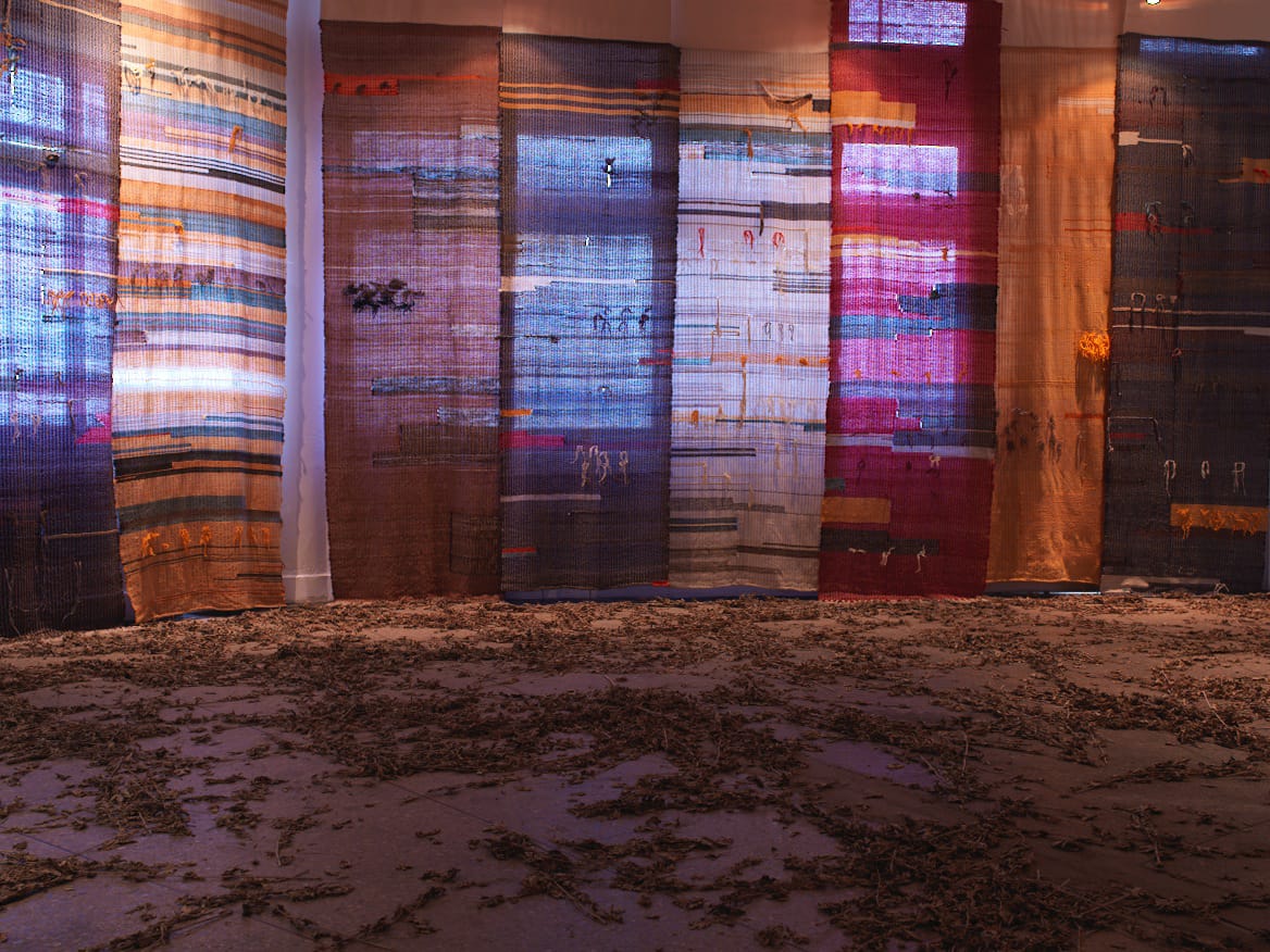 The exhibition space is darkened with “Window Dressing (Forest Cloaks)” (2014) by AA Bronson and Travis Meinolf.