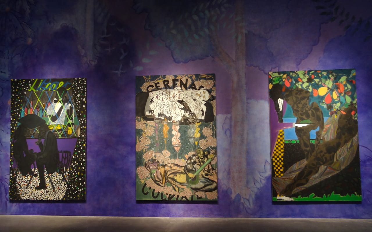 Installation view of 'Chris Ofili: Night and Day' with "Lime Bar" (2014, at left), "Cocktail Serenader" (2014, at center), and "Frogs in the Shade" (2014, at right)