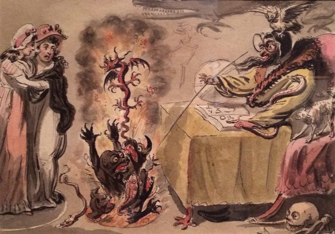 Isaac Cruikshank, "Raising Evil Spirits" (1795), pen and watercolor over pencil, 6 5/8 × 9 1/8 in, The Huntington Library, Art Collections, and Botanical Gardens (image courtesy the Huntington)