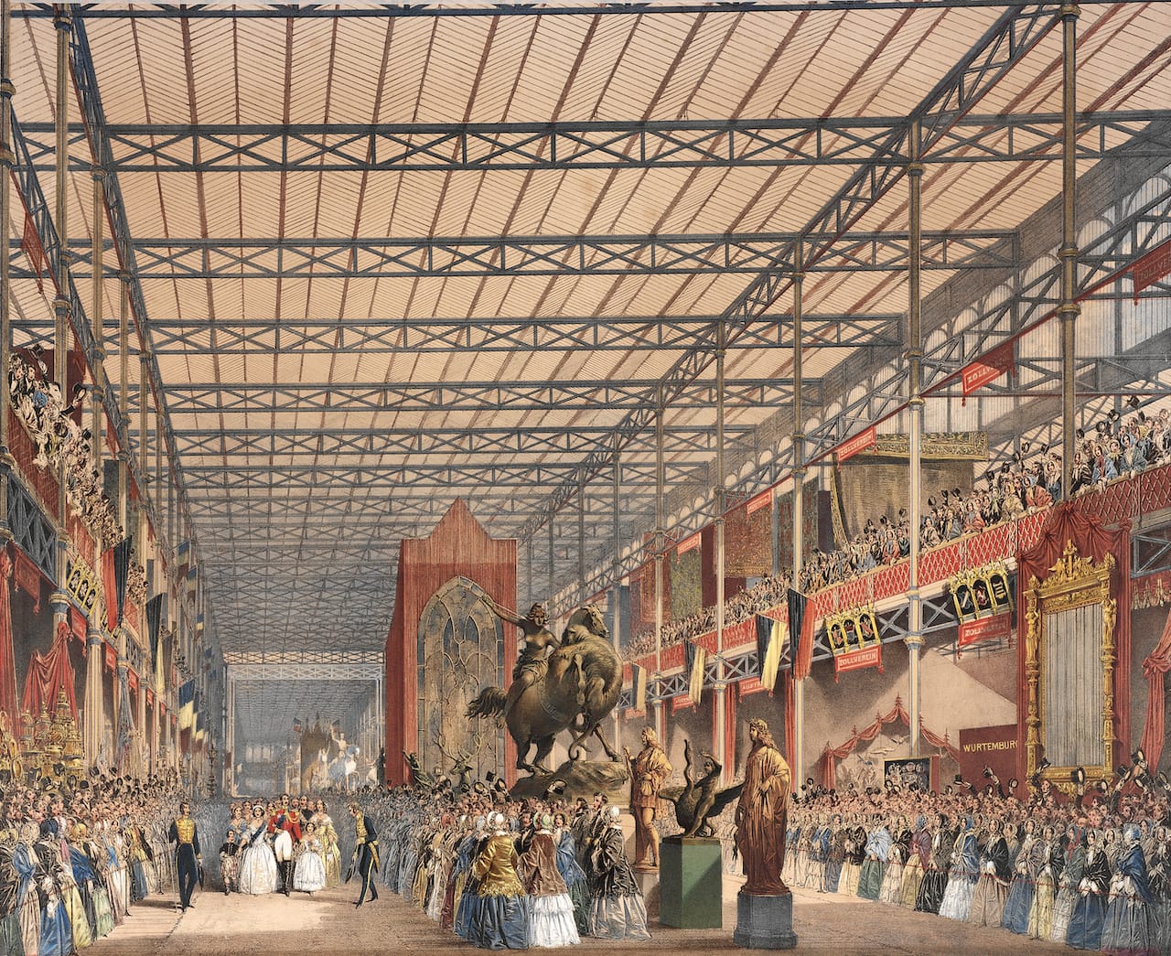 In “Royal Tour of Inspection,” a lithograph printed in 1854 by the Dickinson Brothers, Queen Victoria and Prince Albert walk in the Crystal Palace, where the Great Exhibition displayed manufactured products from around the world in 1851. The monarchs are depicted small to emphasize their grand accomplishment. 