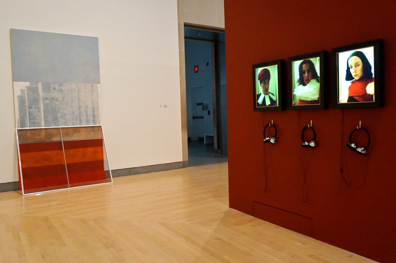 Installation view, 'Crossing Brooklyn,' with Lisa Sigal's "Hinged Painting (Halleck Street, Brooklyn" (2013) on left and Nina Katchadourian's "In a Room Full of Strangers" (from the 'Seat Assignment' series) (2014)
